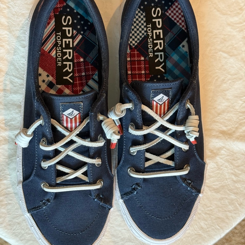 Sperry Dark Blue Canvas Shoes with Plaid Interior